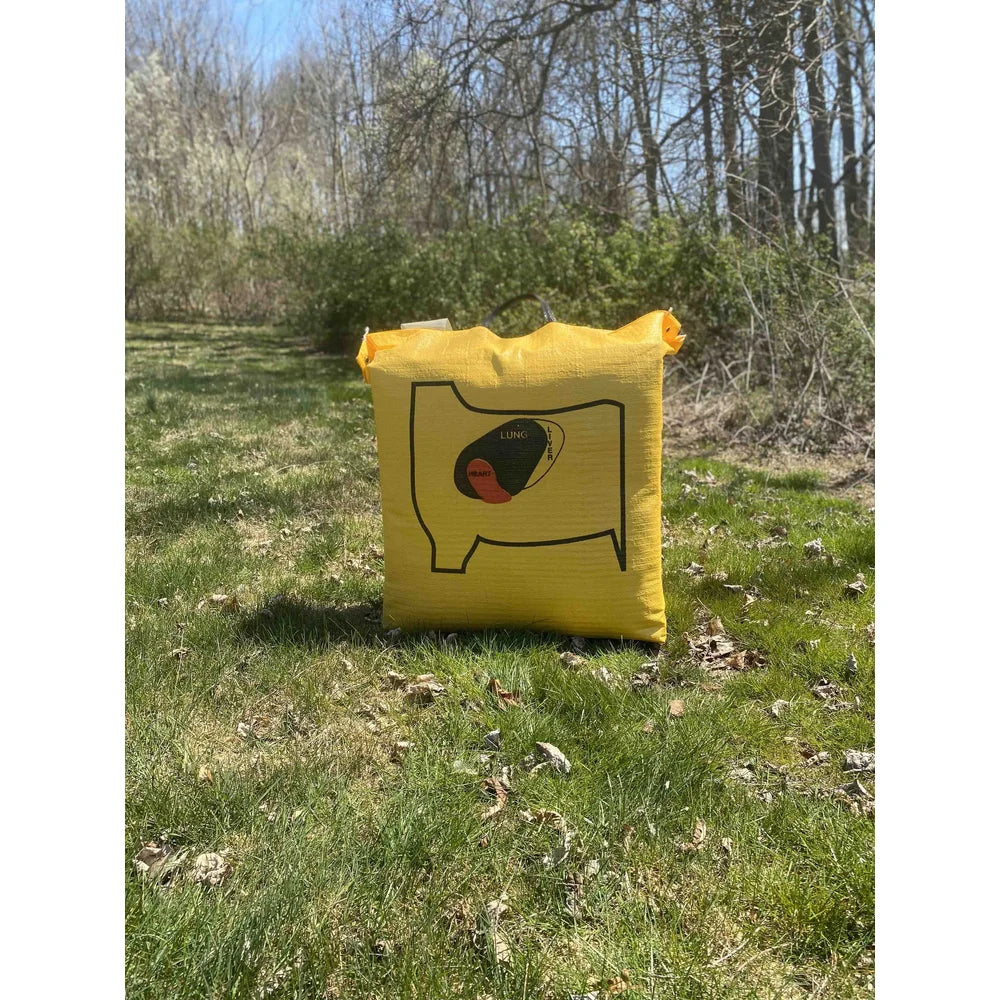 Big Shot Ballistic 450X bag archery target rear face showing deer vitals diagram, set on grass outdoors