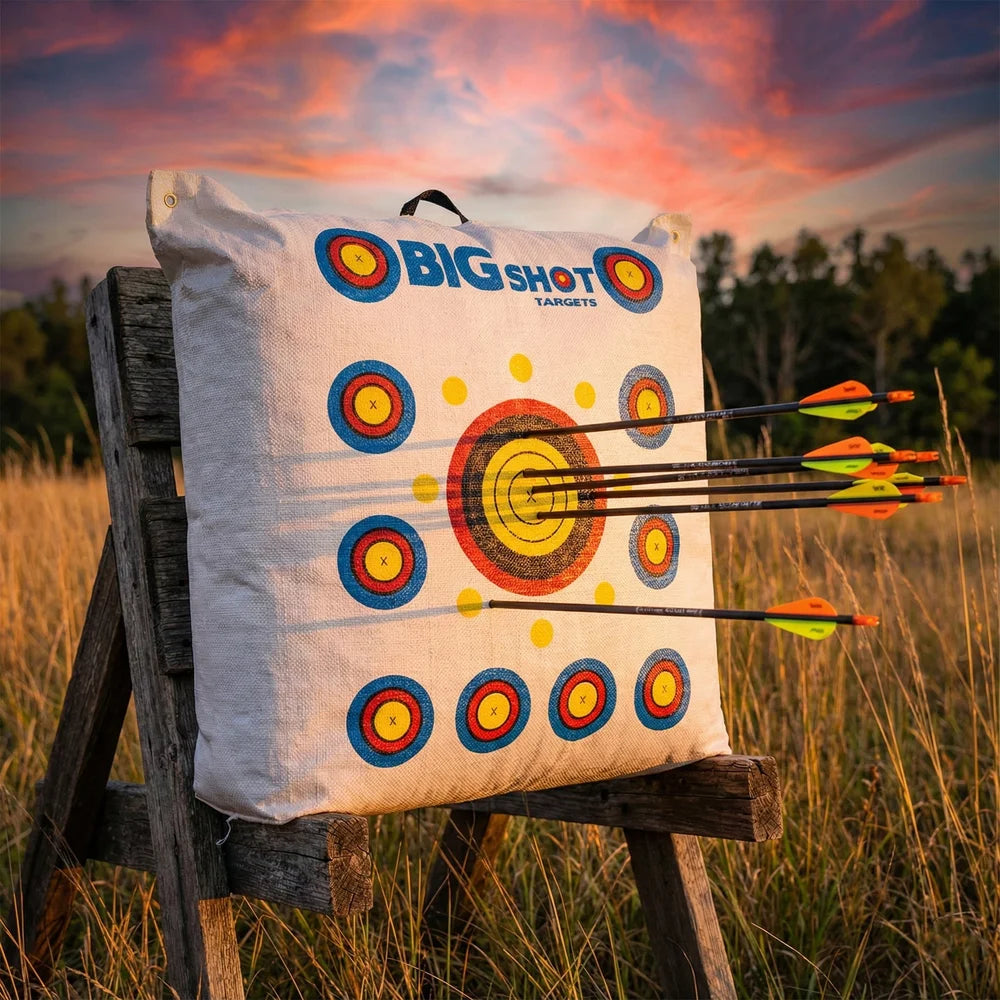 Big Shot Targets Outdoor Range Bag Target on wooden stand in field at sunset with arrows grouped in center bullseye