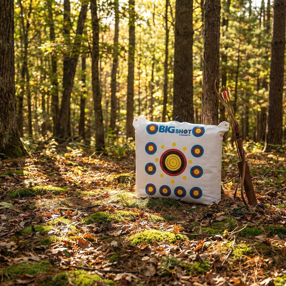 Big Shot Targets Outdoor Range Bag Target set in autumn forest with traditional bow and arrows leaning against tree