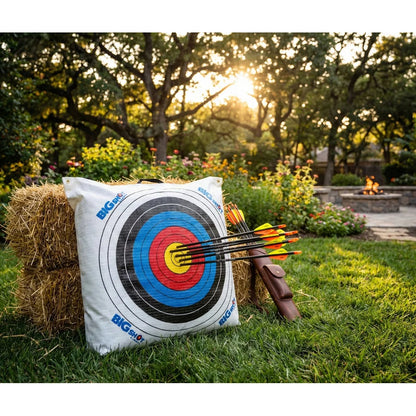 Big Shot Targets Outdoor Range Bag Target on hay bale in garden at sunset with arrows grouped in bullseye