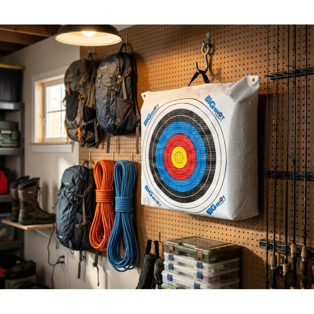 Big Shot Targets Outdoor Range Bag Target hung on pegboard in outdoor gear garage storage room