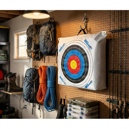 Big Shot Targets Outdoor Range Bag Target hung on pegboard in outdoor gear garage storage room