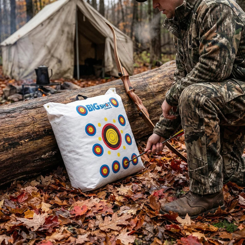 Big Shot Targets Outdoor Range Bag Target with camo-clad hunter removing arrow near fall forest camp and tent