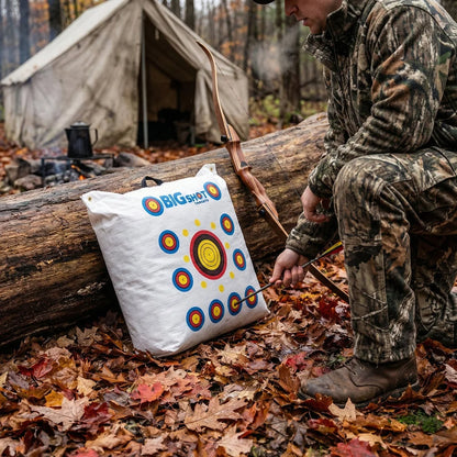 Big Shot Targets Outdoor Range Bag Target with camo-clad hunter removing arrow near fall forest camp and tent