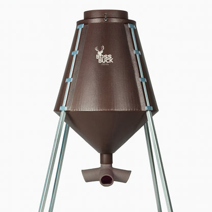 Boss Buck 1200lb Gravity Deer Feeder with brown rotomolded hopper and four steel legs — heavy-duty gravity head with multiple feed ports designed for large-scale deer management.