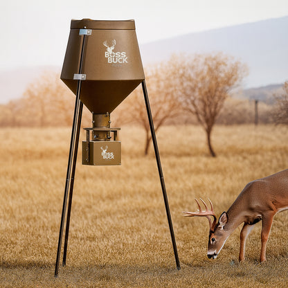 Boss Buck 200 lb Automatic Deer Feeder standing in open field — brown rotomolded hopper on three-leg steel frame with 12-volt timer and spinner head for wildlife feeding.