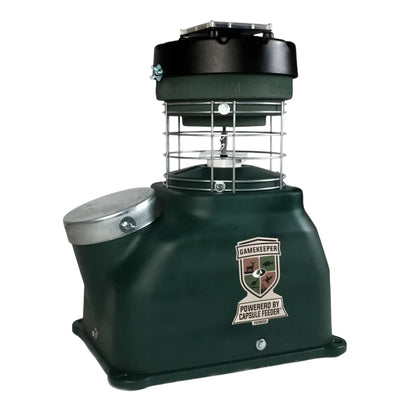 Capsule Feeders 100-LB Easy-Fill Game Feeder, front three-quarter view on white background showing Gamekeeper branding