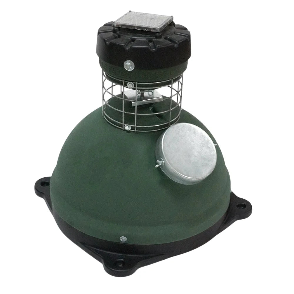 Capsule Feeders 200-LB Easy-Fill Game Feeder with Base, full product view on white background showing green dome and spinner
