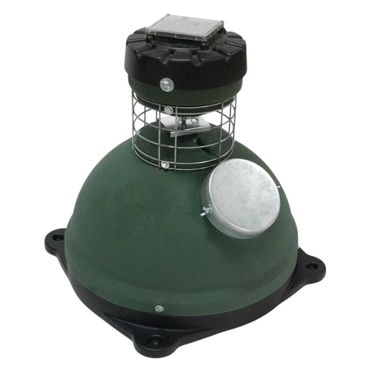 Capsule Feeders 200-LB Easy-Fill Game Feeder with Base, full product view on white background showing green dome and spinner