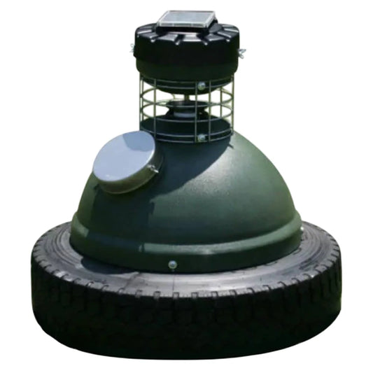 Capsule Feeders 250-LB Easy-Fill Game Feeder, full product view on white background showing dome, tire base, and solar panel