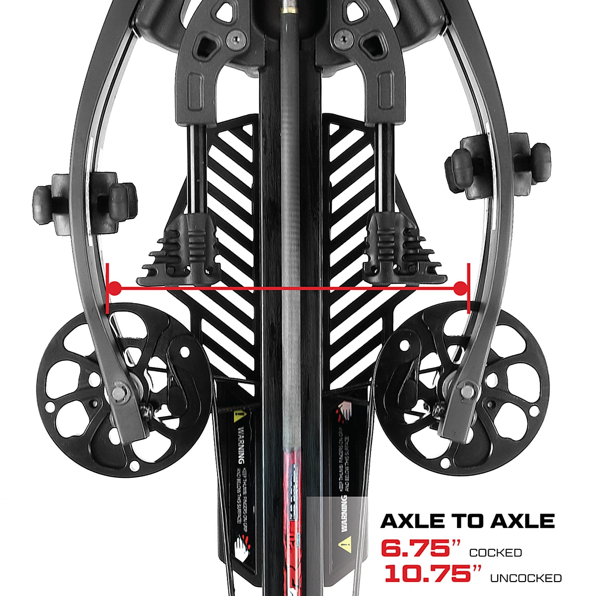 Killer Instinct crossbow axle-to-axle width measurement diagram showing 6.75 inches cocked and 10.75 inches uncocked