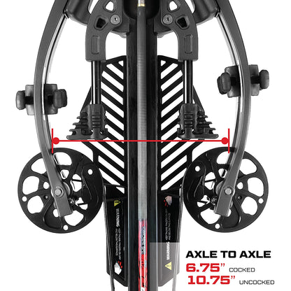 Killer Instinct crossbow axle-to-axle width measurement diagram showing 6.75 inches cocked and 10.75 inches uncocked