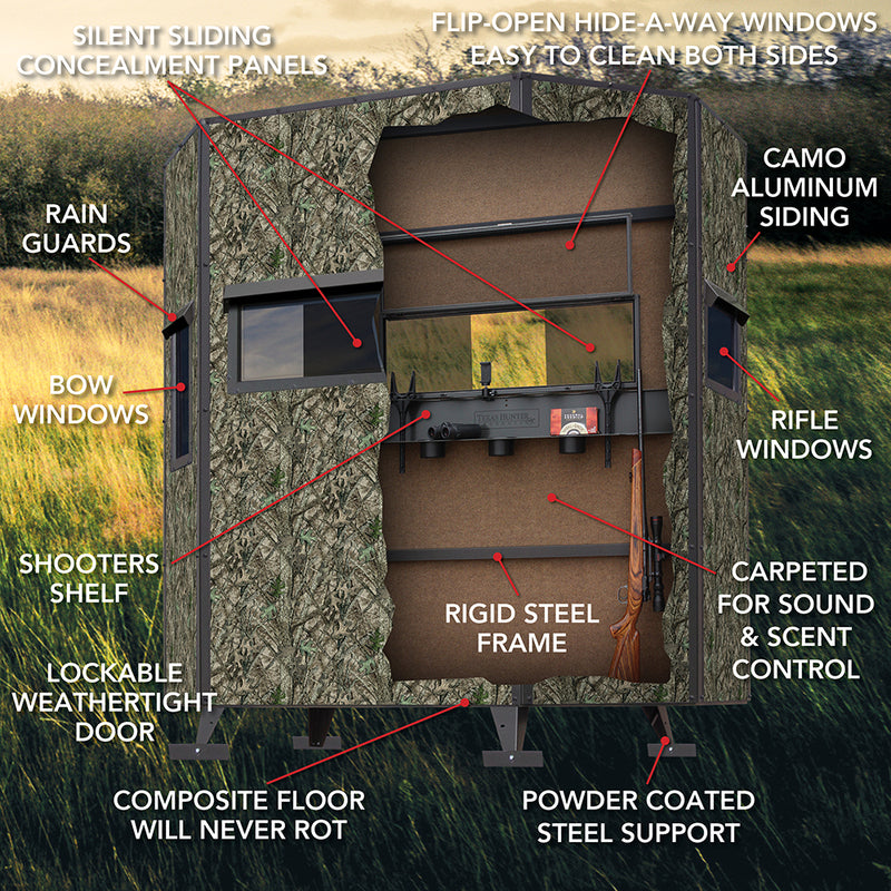 G7GR: Texas Hunter Wrangler Rifle Octagon Shaped Camo Aluminum 5' x 7' Deer Blind with 7 in. Legs and Full Door, Stairs and Handrails