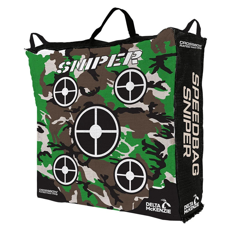 Delta McKenzie Speedbag Sniper archery bag target with camo design and multiple bullseyes, crossbow rated