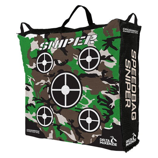 Delta McKenzie Speedbag Sniper archery bag target with camo design and multiple bullseyes, crossbow rated