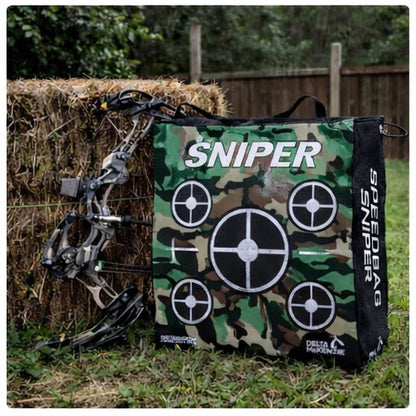 Delta McKenzie Speedbag Sniper 20-inch archery bag target with compound bow at backyard practice range
