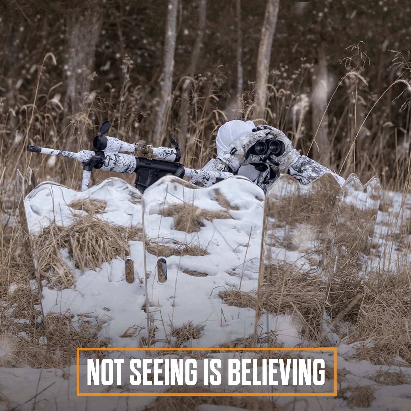 Hunter concealed inside GhostBlind Runner blind with reflective camo design