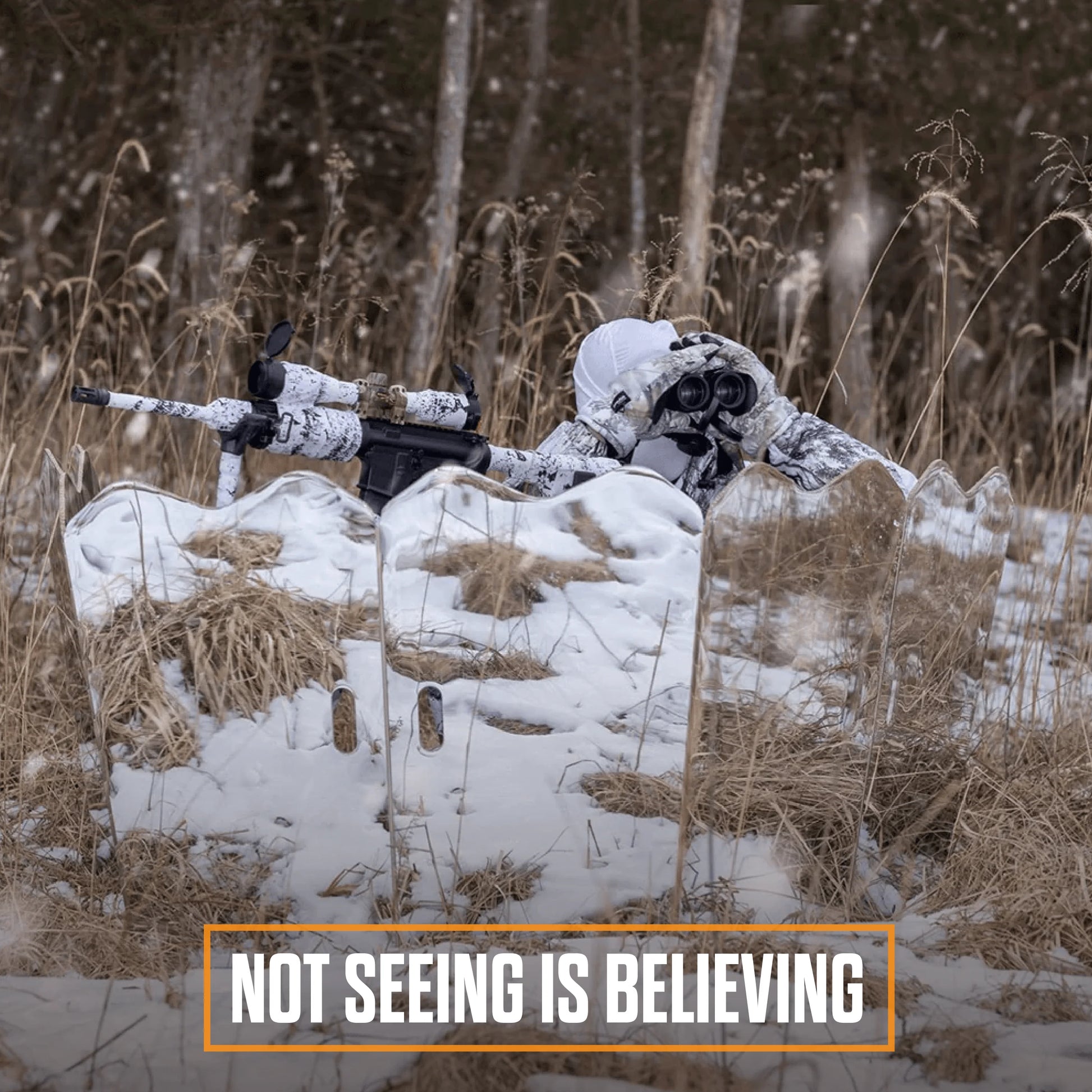 Hunter concealed inside GhostBlind Runner blind with reflective camo design