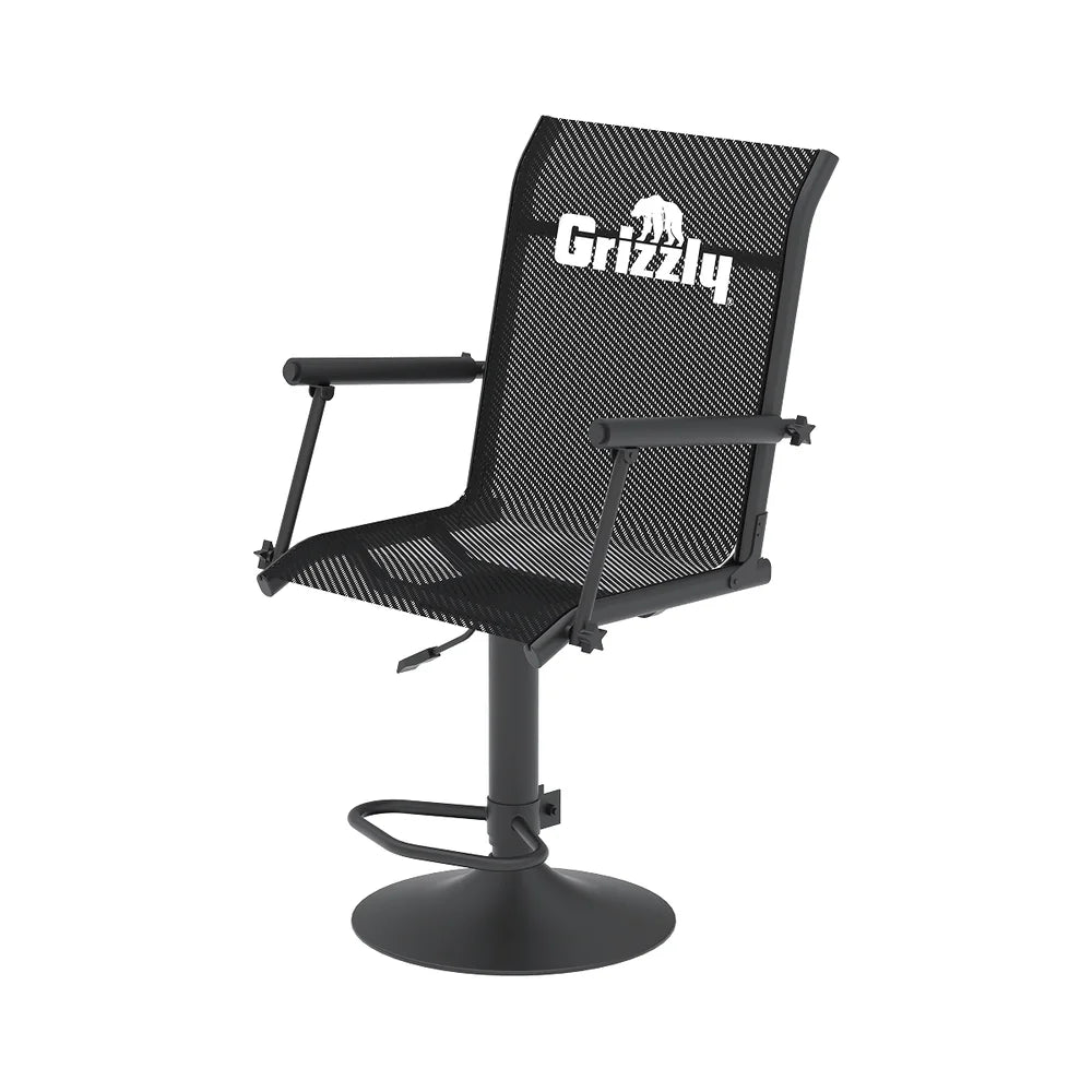 Grizzly Alpha Swivel Blind Chair, three-quarter front view on white background showing armrests and base