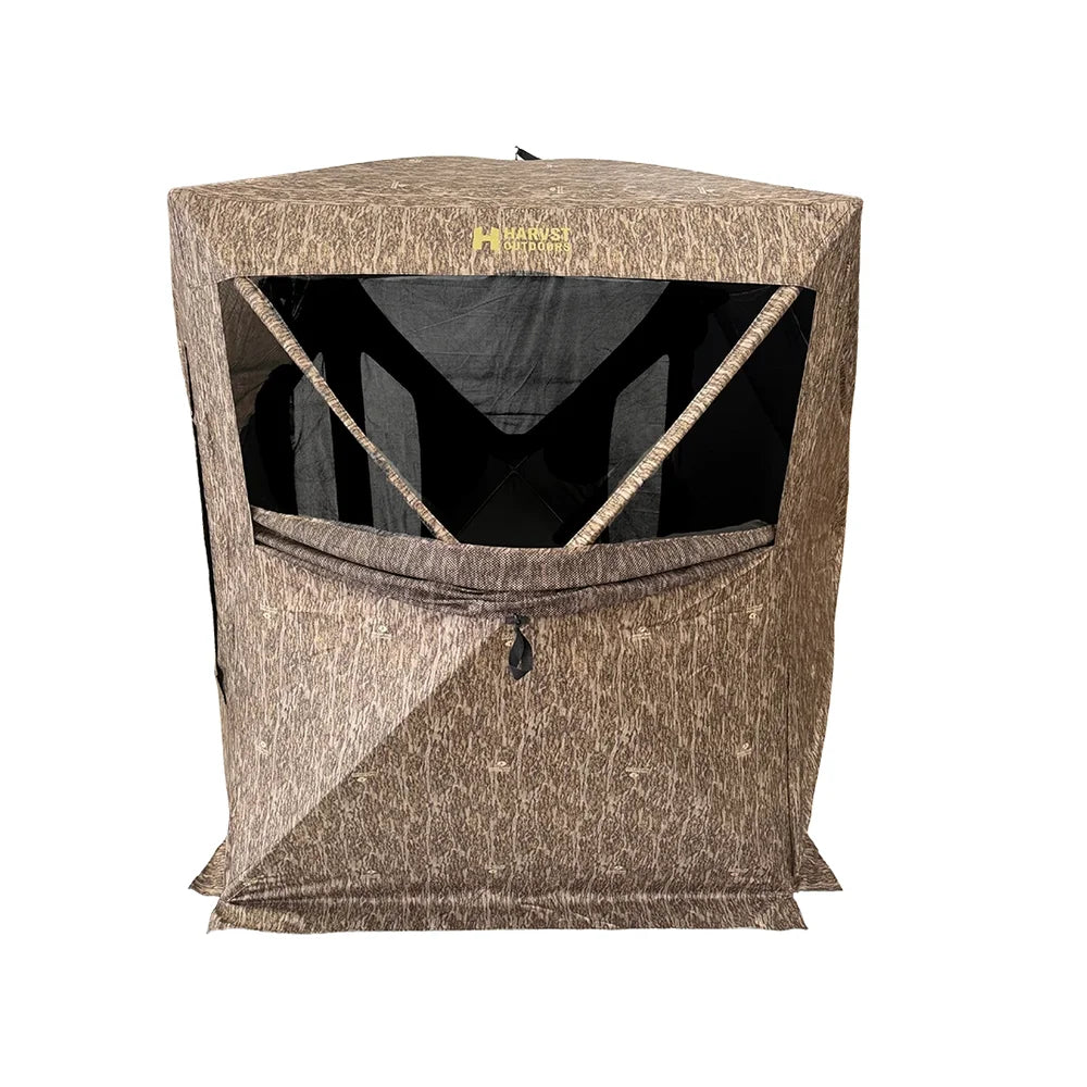 HARVST Outdoors Bow Hunter DM Ground Blind in Bottomland camo with large front window open showing interior