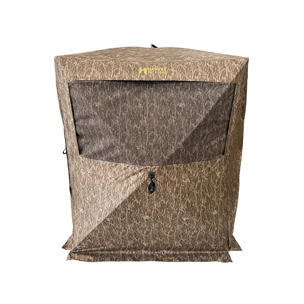 HARVST Outdoors Bow Hunter DM Ground Blind in Bottomland camo, front view with mesh window and Harvst logo