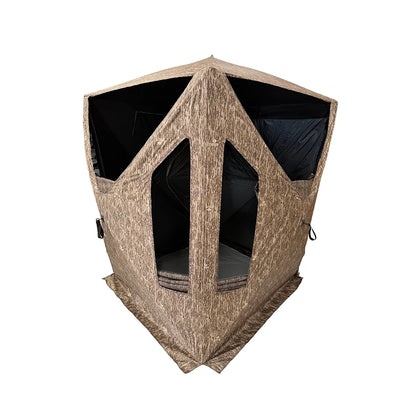 HARVST Outdoors Bow Hunter DM Ground Blind in Bottomland camo, front view with shoot-through windows open showing interior