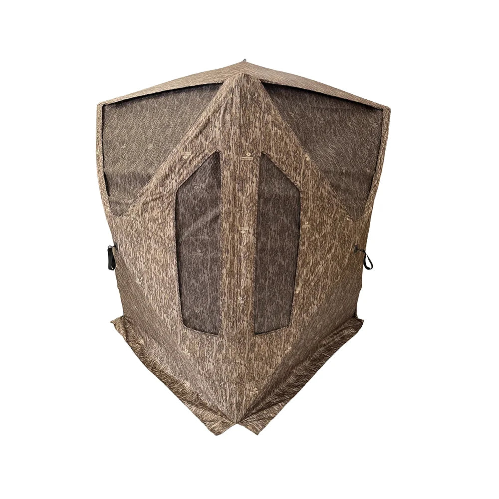 HARVST Outdoors Bow Hunter DM Ground Blind in Bottomland camo, rear view with shoot-through mesh panels