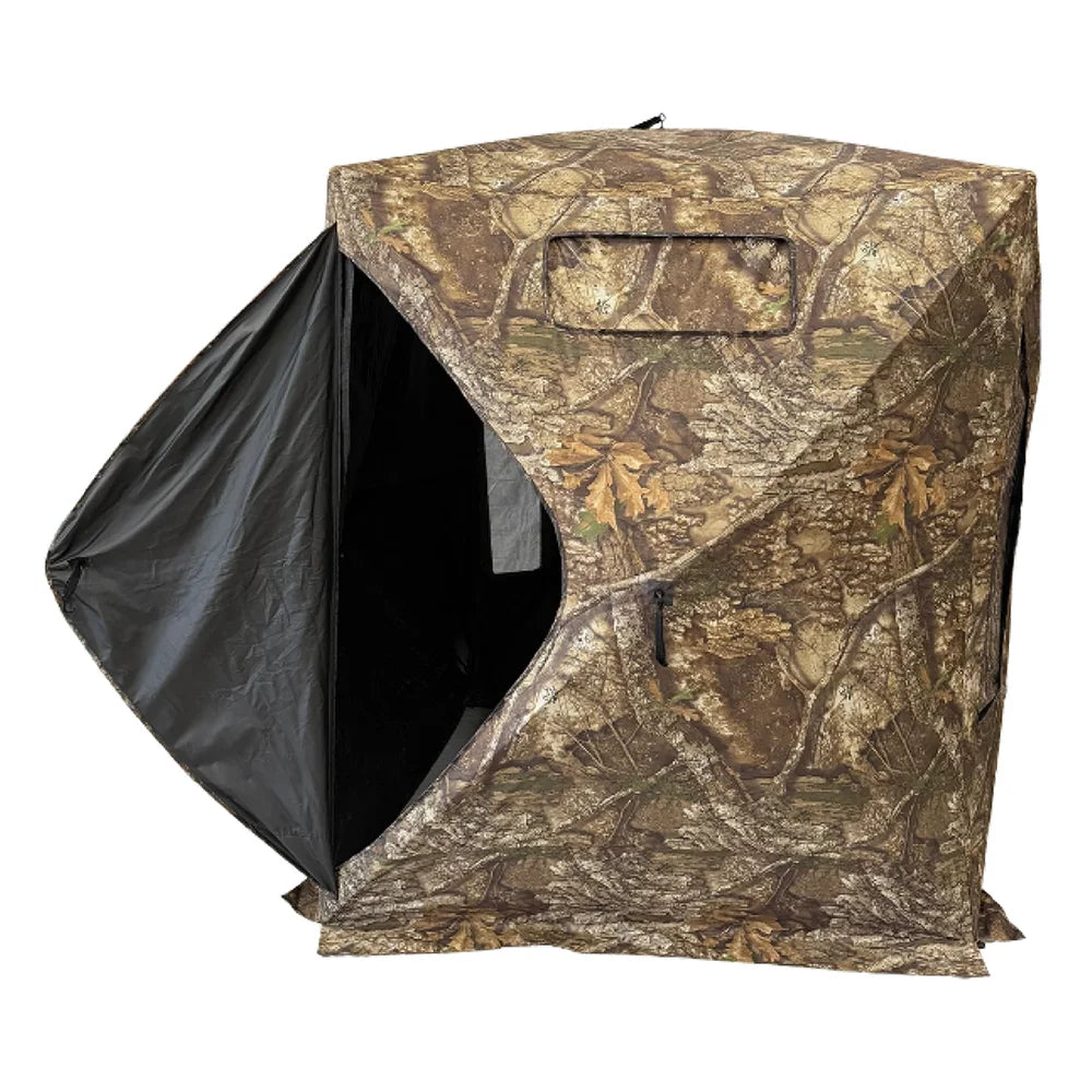 HARVST Outdoors Bow Hunter DM Ground Blind in Realtree Legacy with side entry door unzipped and open