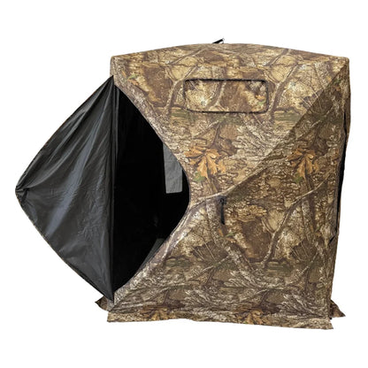 HARVST Outdoors Bow Hunter DM Ground Blind in Realtree Legacy with side entry door unzipped and open