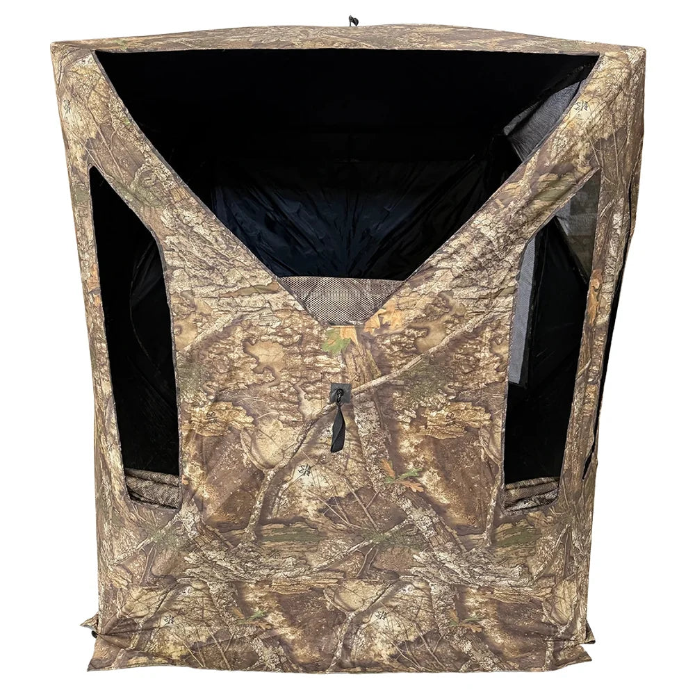 HARVST Outdoors Bow Hunter DM Ground Blind in Realtree Legacy camo with large front windows unzipped and open