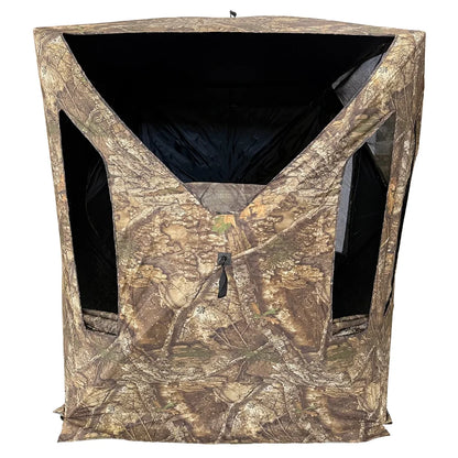 HARVST Outdoors Bow Hunter DM Ground Blind in Realtree Legacy camo with large front windows unzipped and open