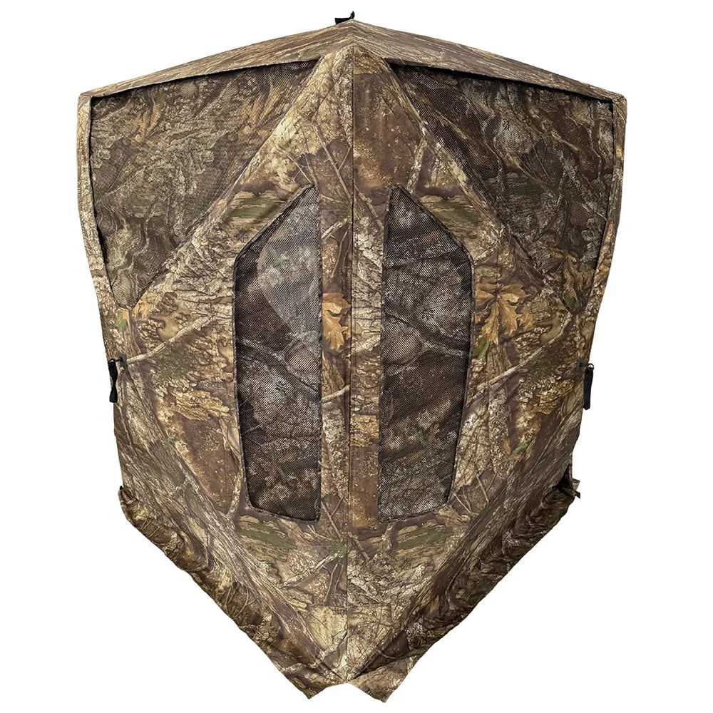 HARVST Outdoors Bow Hunter DM Ground Blind in Realtree Legacy camo, front view with mesh shoot-through windows closed