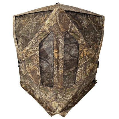 HARVST Outdoors Bow Hunter DM Ground Blind in Realtree Legacy camo, front view with mesh shoot-through windows closed