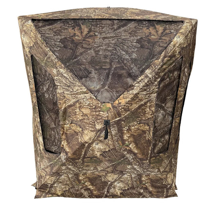 HARVST Outdoors Bow Hunter DM Ground Blind in Realtree Legacy, rear view showing large mesh window panel