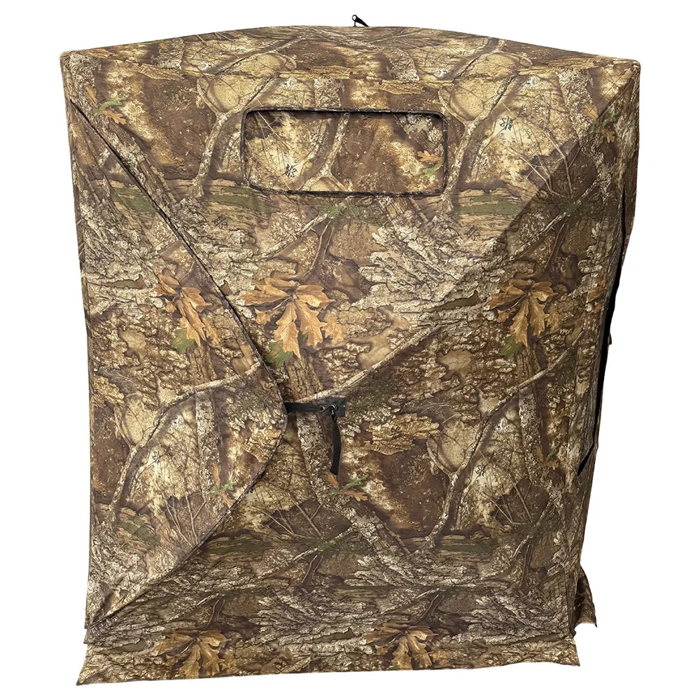 HARVST Outdoors Bow Hunter DM Ground Blind in Realtree Legacy, side profile view showing small horizontal window