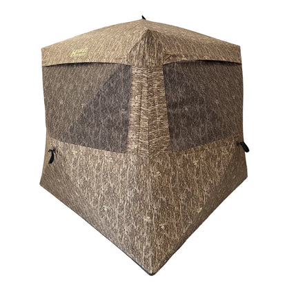 HARVST Outdoors BroadBase DM Ground Blind in Mossy Oak Bottomland, front three-quarter view with windows closed