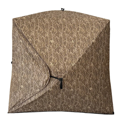 HARVST Outdoors BroadBase DM Ground Blind rear view showing zippered entry door, Bottomland camo