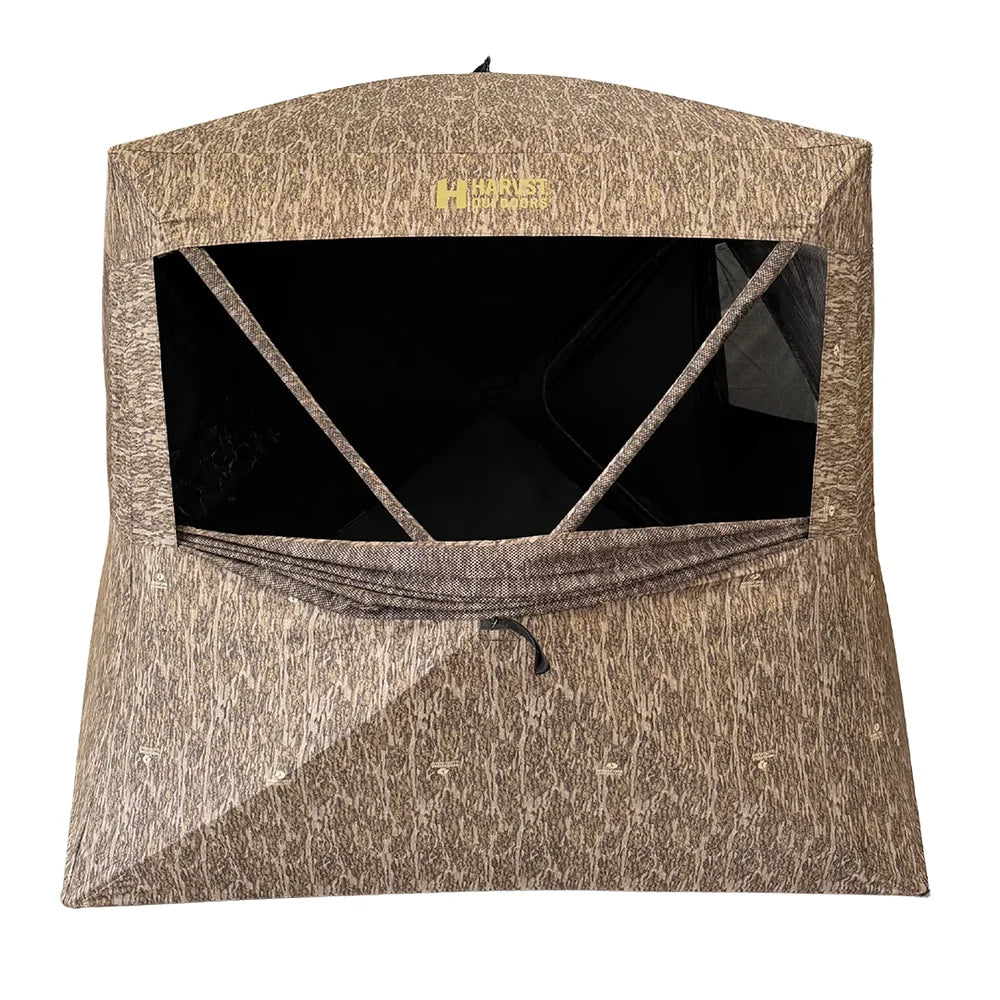 HARVST Outdoors BroadBase DM Ground Blind side view with large window open showing interior, Bottomland camo