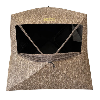 HARVST Outdoors BroadBase DM Ground Blind side view with large window open showing interior, Bottomland camo