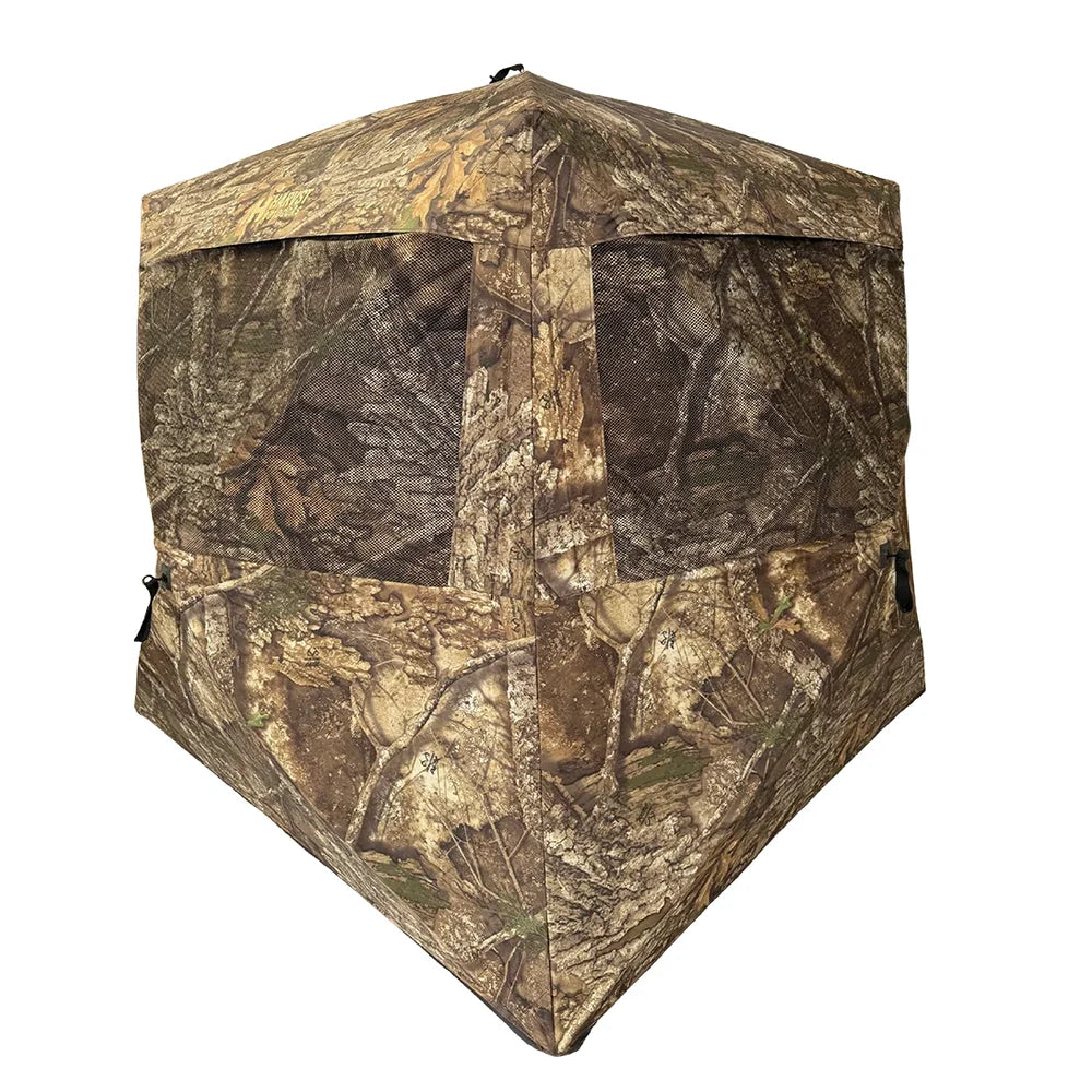 HARVST Outdoors BroadBase DM Ground Blind in Mossy Oak Country DNA, front three-quarter view with windows closed