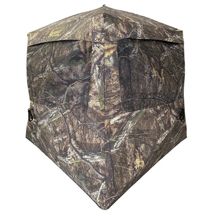 HARVST Outdoors BroadBase DM Ground Blind front view with mesh windows in Mossy Oak Country DNA camo