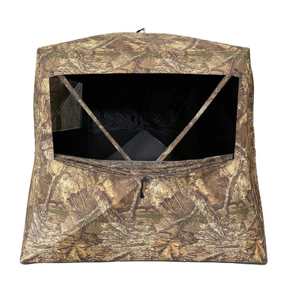 HARVST Outdoors BroadBase DM Ground Blind front view with large window open in Country DNA camo