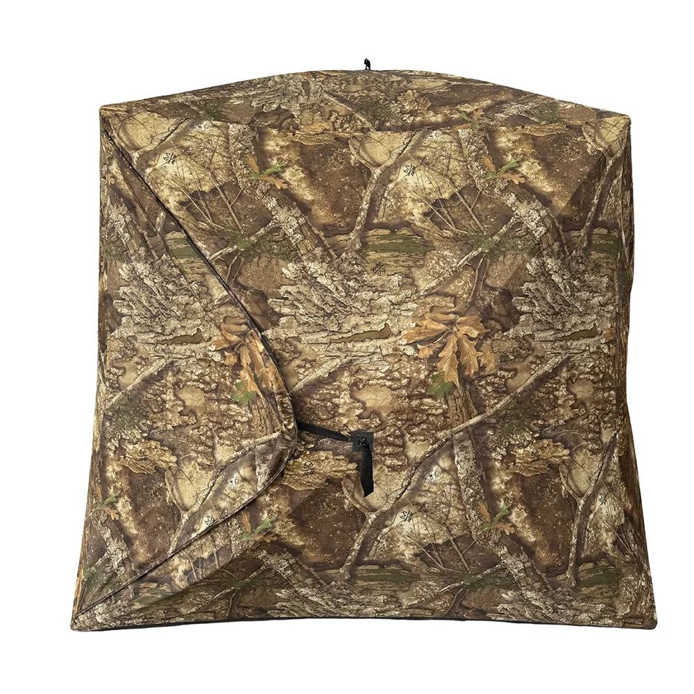 HARVST Outdoors BroadBase DM Ground Blind rear view showing zippered entry door in Country DNA camo