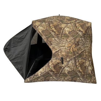 HARVST Outdoors BroadBase DM Ground Blind with side door open showing blackout interior, Country DNA camo