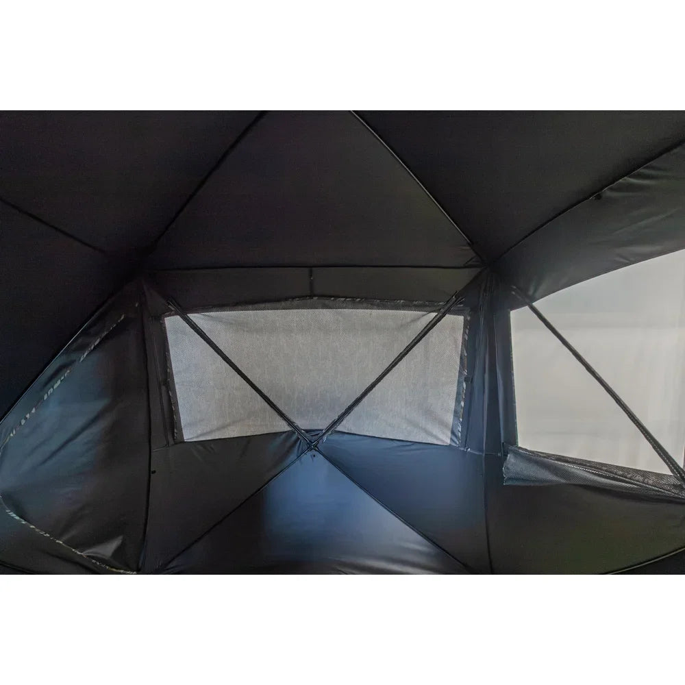 HARVST Outdoors BroadBase DM Ground Blind interior view showing blackout ceiling and mesh windows