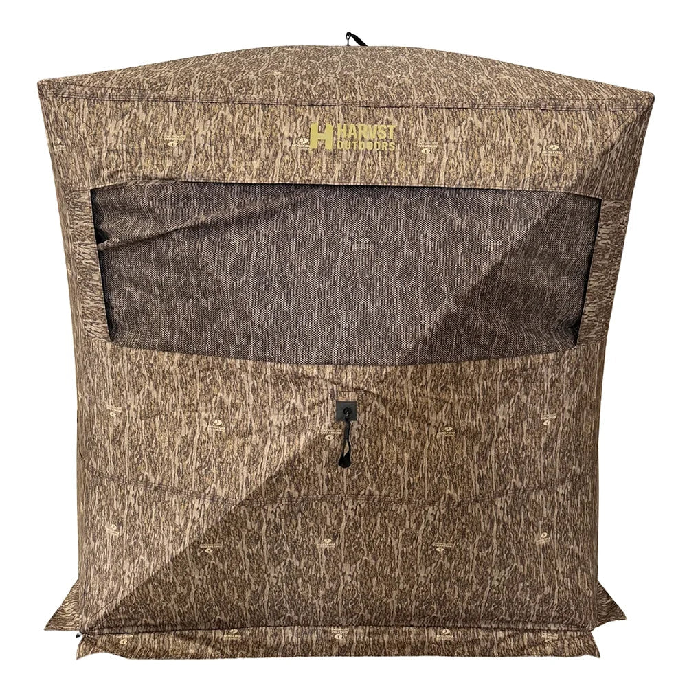 HARVST Outdoors Brushline DM Ground Blind in Mossy Oak Country DNA, front view with mesh window and zippered door