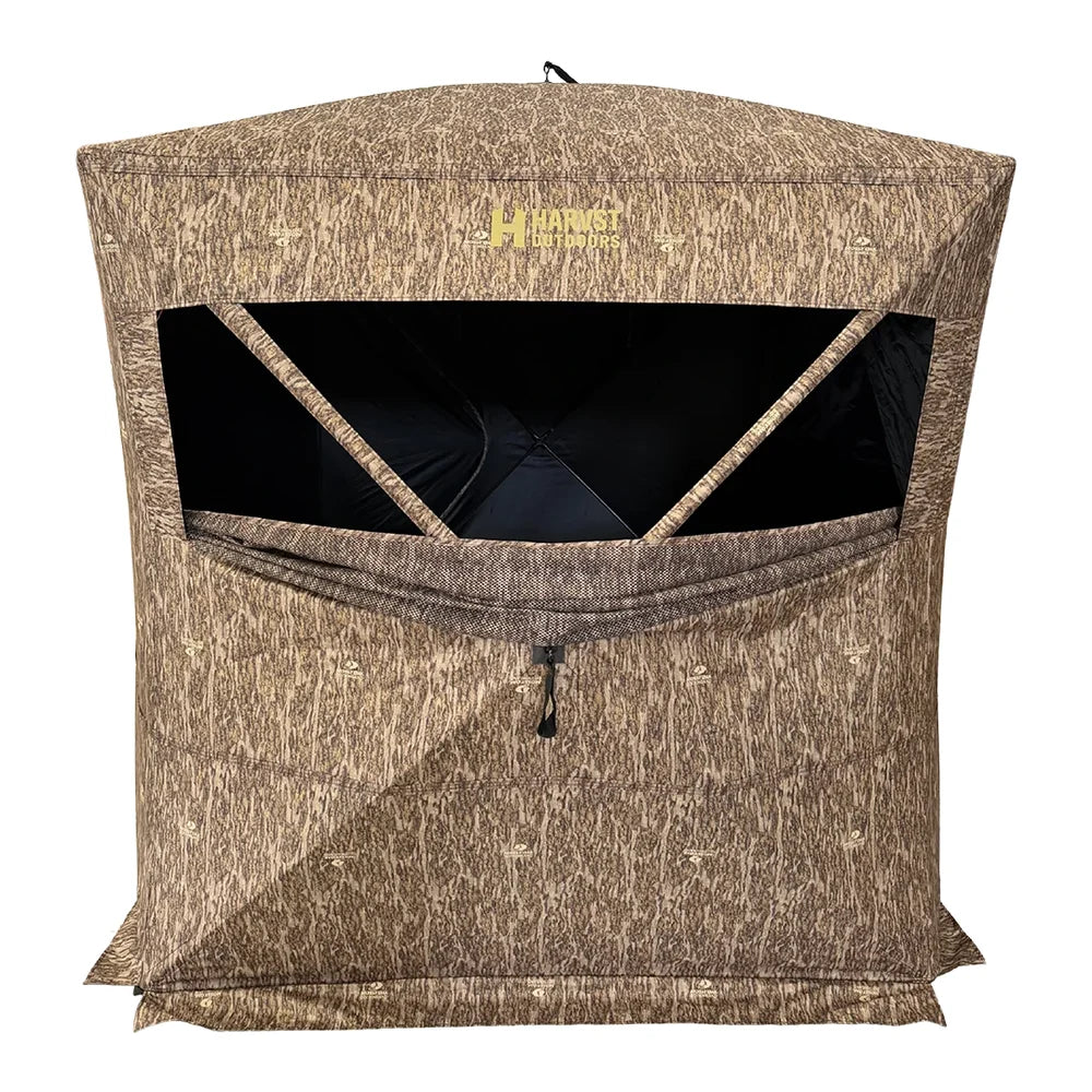 HARVST Outdoors Brushline DM Ground Blind in Mossy Oak Country DNA, front with shoot-through windows open