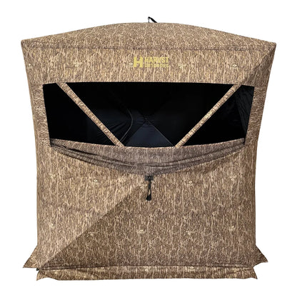 HARVST Outdoors Brushline DM Ground Blind in Mossy Oak Country DNA, front with shoot-through windows open