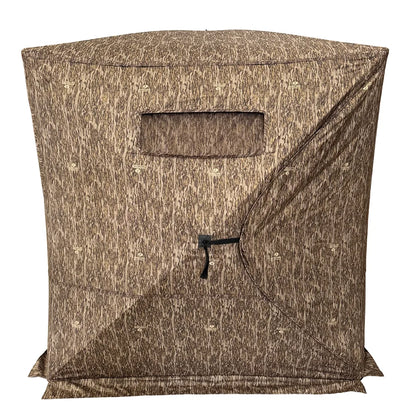 HARVST Outdoors Brushline DM Ground Blind in Mossy Oak Country DNA, front view with small viewing window