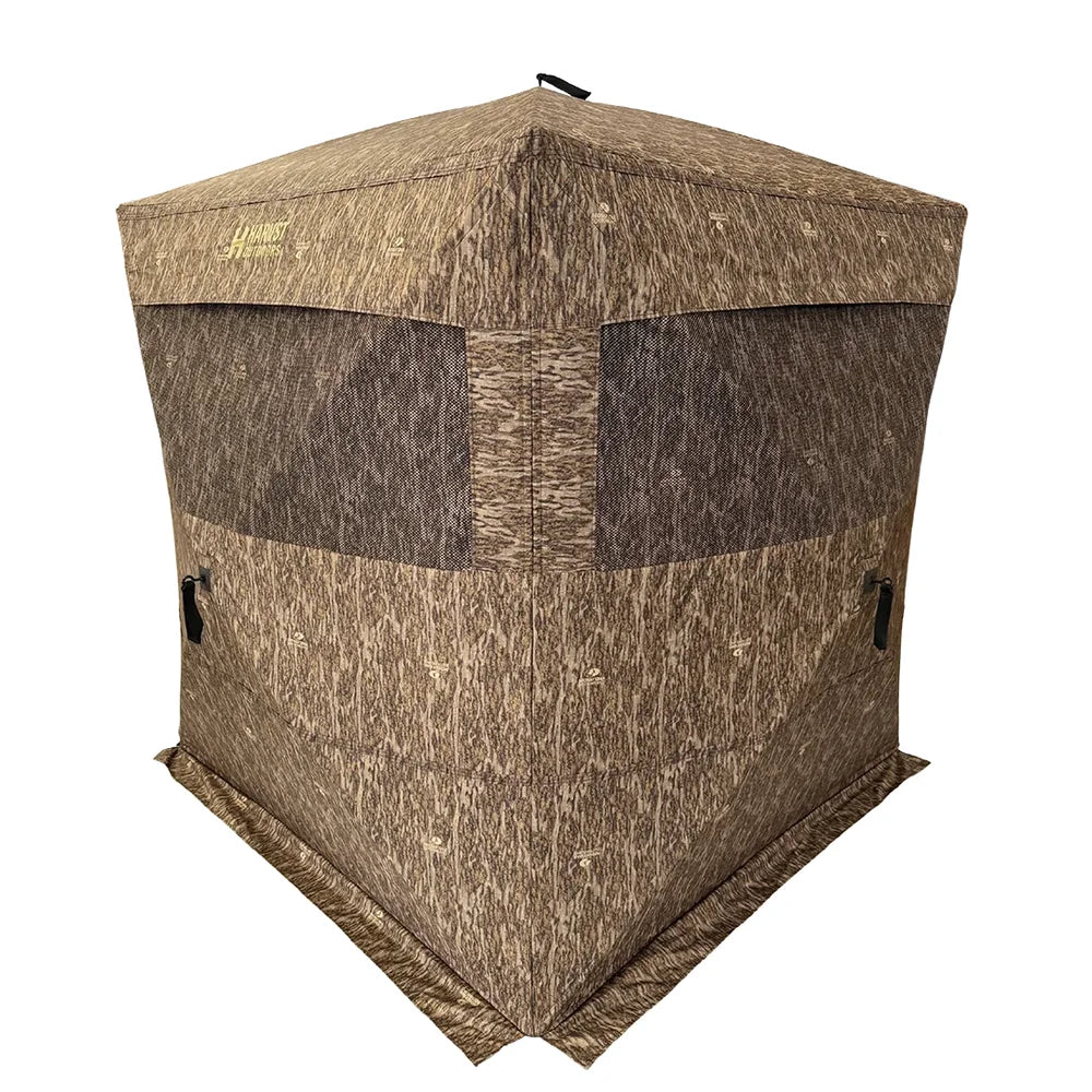HARVST Outdoors Brushline DM Ground Blind in Mossy Oak Country DNA, front three-quarter view with windows closed